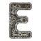 Mechanical alphabet made from rivet metal with gears on white background. Letter E. 3D