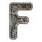 Mechanical alphabet made from rivet metal with gears on white background. Letter F. 3D