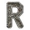 Mechanical alphabet made from rivet metal with gears on white background. Letter R. 3D