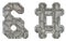 Mechanical alphabet made from rivet metal with gears on white background. Set of symbols ampersand and hash. 3D