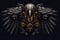 A mechanical bird with wings and gears on a black background. Generative AI image.