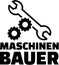 Mechanical engineer with gear wheels and wrench. German job title.