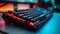 Mechanical Gaming Keyboard With Red Backlighting. Gamer Stand For Playing Video Games Concept