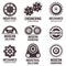 Mechanical gear logos, engine mechanic construction labels. Modern metal gears symbols vector illustration set