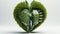 A mechanical green heart covered in leaves against a white background symbolizes the immense significance of nature in human life