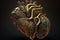 mechanical metal anatomical heart of cyborg robot is golden . Art concept. Generative AI