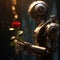 Mechanical passion Robot symbolizes love, holding a crimson rose