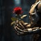 Mechanical passion Robot symbolizes love, holding a crimson rose