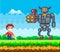 Mechanical robot in iron armor with built-in weapon attacks male character. Man looking at boss