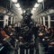 A mechanical robot made up of gears and wires travels on a crowded subway.