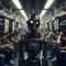 A mechanical robot made up of gears and wires travels on a crowded subway.