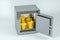 Mechanical safe, with shiny golden coins inside, 3d rendering