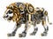 Mechanical techno lion, made of moving golden, silver, brass and aluminum metal parts