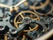 Mechanical watch inside with spring mechanism and gears rotating extreme macro.