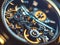 Mechanical watch inside with spring mechanism and gears rotating extreme macro.