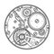 Mechanical watches with gears. Drawing of the internal device. It can be used as an example of harmonious interaction of