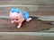 Mechanical wind up crawling baby toy on wood background.
