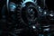 Mechanism blackblue metallic gears and cogs at work on white background under spot light background, industrial machinery, 3d illu