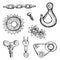 Mechanisms and machine parts metallic vector set