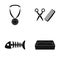 Medal on the ribbon, haircut for the cat, fish bone, a tray with sand.Cat set collection icons in black style vector