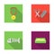 Medal on the ribbon, haircut for the cat, fish bone, a tray with sand.Cat set collection icons in flat style vector
