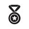 Medal with star for 1st, first place. Trophy, winner award isolated on black background. Badge and ribbon, glossy prize