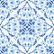 Medallion damask tile watercolor hand drawn floral pattern. Blue and white azulejo