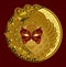 Medallion with fantasy fairy head in Venetian carnival mask. Gold coin with woman`s portrait. Fashionable print for logo, clothes