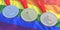 Medals gold, silver and bronze on LGBT flag. 3d illustration