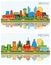Medan and Bekasi Indonesia City Skylines Set with Color Buildings, Blue Sky and Reflections