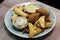 meddle eastern food, lebanese arabic food speciality deep fried hot mezze selection includes spinach fatayer, cheese rolls and