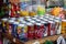 MEDELLIN, COLOMBIA - JANUARY 17, 2024: Recycled soda and beer cans sold as glasses at the famous Comuna 13 in Medellin