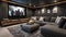 Media theatre room with dark walls grey sofa