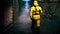 A medic in a bacteriological protection suit returns home. Man in yellow protective suits and gas masks. 3D Rendering.