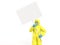 Medic in bright yellow hazmat suit holding poster