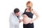 Medic listening pregnant woman tummy using stethoscope