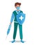 Medic worker, vaccination sign. Doctor holding injection syringe with vaccine, medical shield. Treatment in hospital. Flat vector