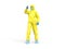Medic in yellow hazmat suit looking on blood test