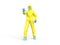 Medic in yellow hazmat suit raise hand, stop sign