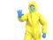 Medic in yellow hazmat suit raise hand, stop sign