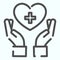 Medical assistance line icon. Hands holding heart with medical cross vector illustration isolated on white. Caring hand