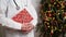 Medical banner concept for Christmas and New Year.Female doctor in white coat holds stethoscope and gift box wrapped in red paper