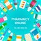 Medical banner with various medicines and syringes. online pharmacy concept with home delivery.  illustration