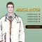 Medical banner, vector background with male doctor standing front side, cartoon portrait three quarters men physician, painted hum