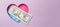 A medical blue mask and a fifty-dollar bill are in a pink heart on a purple background. The minimal concept of money, love and