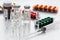 Medical bootles, colorful packaging with pills, ampullas and expendable syringe for vaccination. The concept of vaccination of