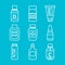 Medical Bottles with medicines and vitamins. White Linear Icons. Isolated elements on a blue background. Vector illustration