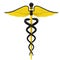 Medical caduceus symbol in yellow and black color.