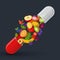 Medical capsule with fruit and vegetables. Vitamins and supplements. Different fruit in capsule. Flat style, vector illustration.