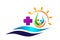 Medical care globe sun and sea wave boat ship family health concept in heart logo icon element sign on white background